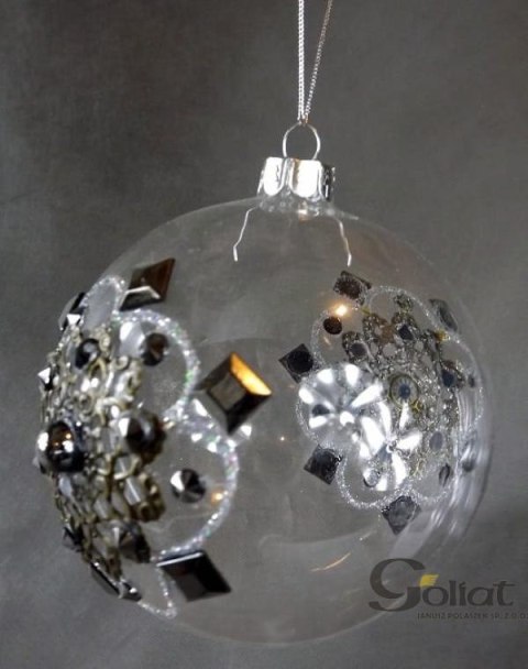 Bombka szklana przezroczysta z dekoracjami szklanymi i metalowymi w kolorze starego srebra, średnica 9cm