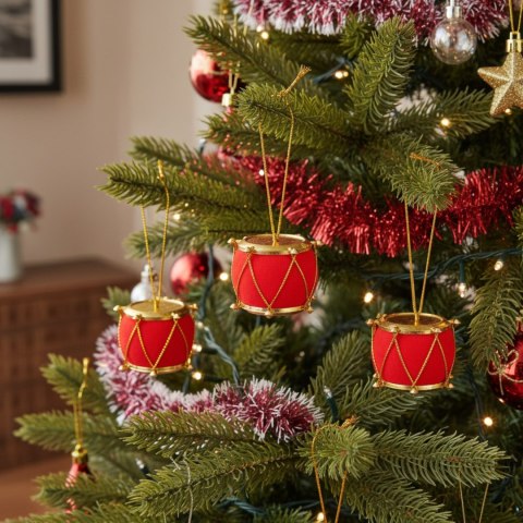 Komplet 12 ozdób bożonarodzeniowych BĘBENKI FLOKOWANE czerwone