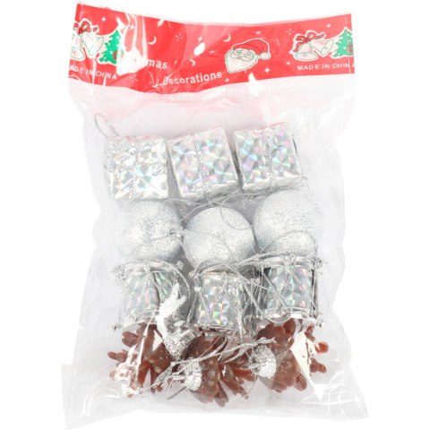 Komplet 12 ozdób bożonarodzeniowych mix z szyszkami SREBRNE