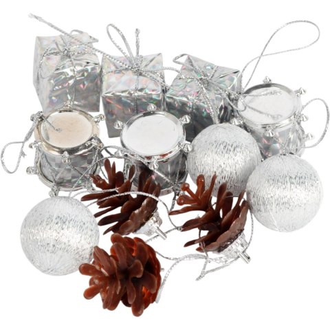 Komplet 12 ozdób bożonarodzeniowych mix z szyszkami SREBRNE
