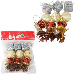 Komplet 12 ozdób bożonarodzeniowych mix z szyszkami SREBRNO CZERWONE