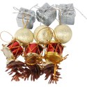 Komplet 12 ozdób bożonarodzeniowych mix z szyszkami SREBRNO CZERWONE