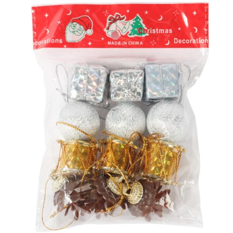 Komplet 12 ozdób bożonarodzeniowych mix z szyszkami SREBRNO ZŁOTE