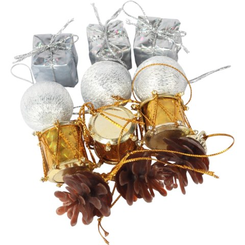 Komplet 12 ozdób bożonarodzeniowych mix z szyszkami SREBRNO ZŁOTE