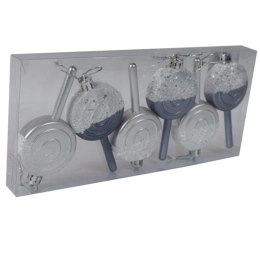 Komplet 6 Srebrnych Bombek w Kształcie Lizaka z Brokatem - Grafitowe Kształtki