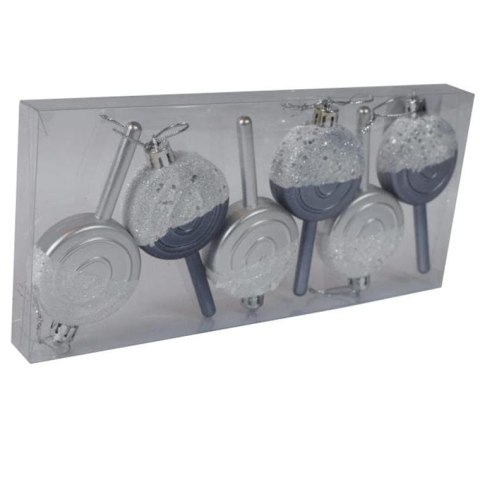 Komplet 6 Srebrnych Bombek w Kształcie Lizaka z Brokatem - Grafitowe Kształtki