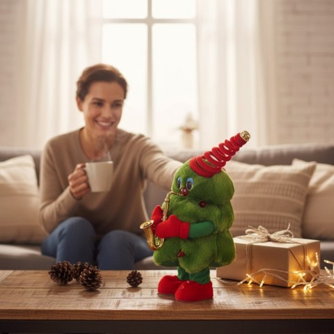 ŚWIĄTECZNA ŚPIEWAJĄCA TAŃCZĄCA CHOINKA ŚWIECI ŚPIEWA POWTARZA INTERAKTYWNA 40 cm Z TRĄBKĄ