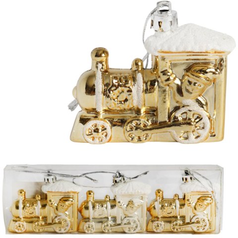 Zestaw 3 Bombek Bożonarodzeniowych w Kształcie LOKOMOTYWY 7 cm - Wytrzymałe i Dekoracyjne Ozdoby Świąteczne ZŁOTE