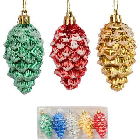 Zestaw 5 Multikolorowych Plastikowych Bombek-Szyszek z Brokatem, 9 cm