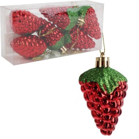 Zestaw 6 Czerwonych Bombek w Kształcie Poziomek, 7 cm, Plastikowych