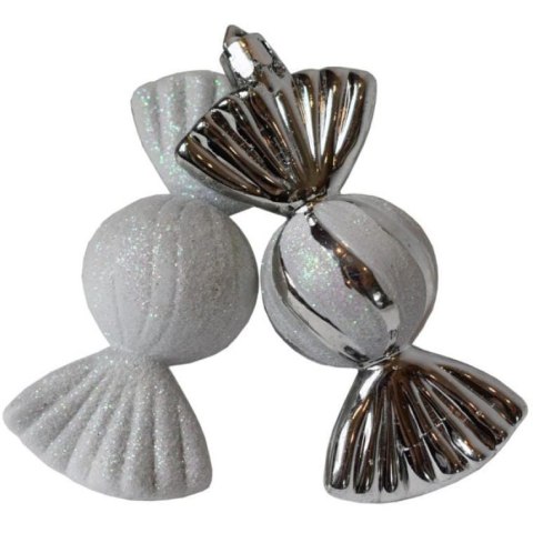 Zestaw 6 Srebrnych Bombek w Kształcie Cukierków z Brokatem